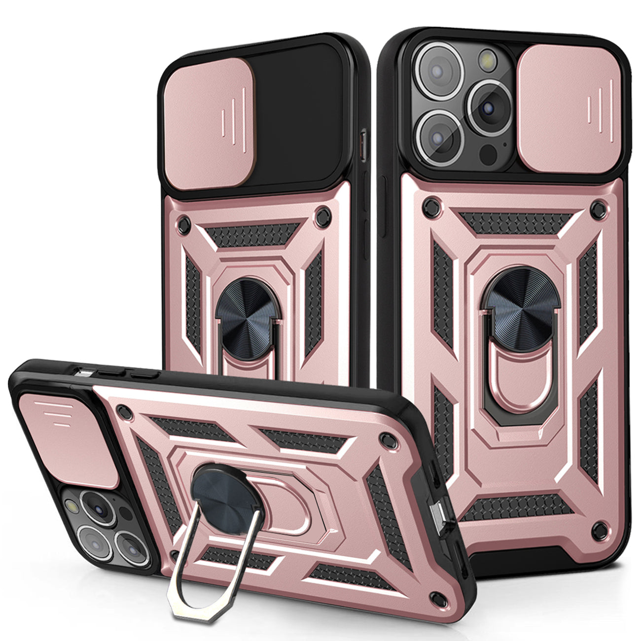Kickstand Ring Holder & Slide Camera Cover Magnetic Car Mount for APPLE IPHONE 13 PRO MAX In Rose gold